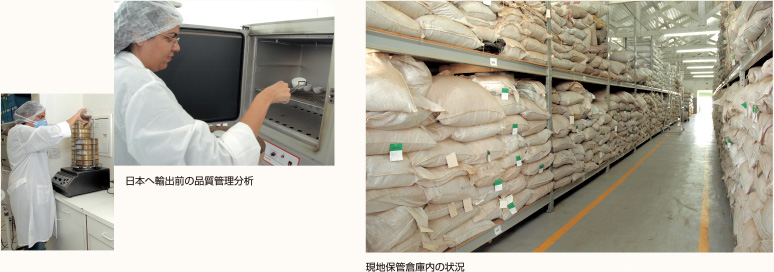 日本へ輸出前の品質管理分析 現地保管倉庫内の状況
